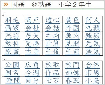 漢字　熟語リスト　二年生