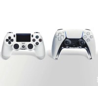 La manette DualShock 4 de la PS4 et la nouvelle manette DualSense de la PS5 // Source : Frandroid / Arnaud GELINEAU