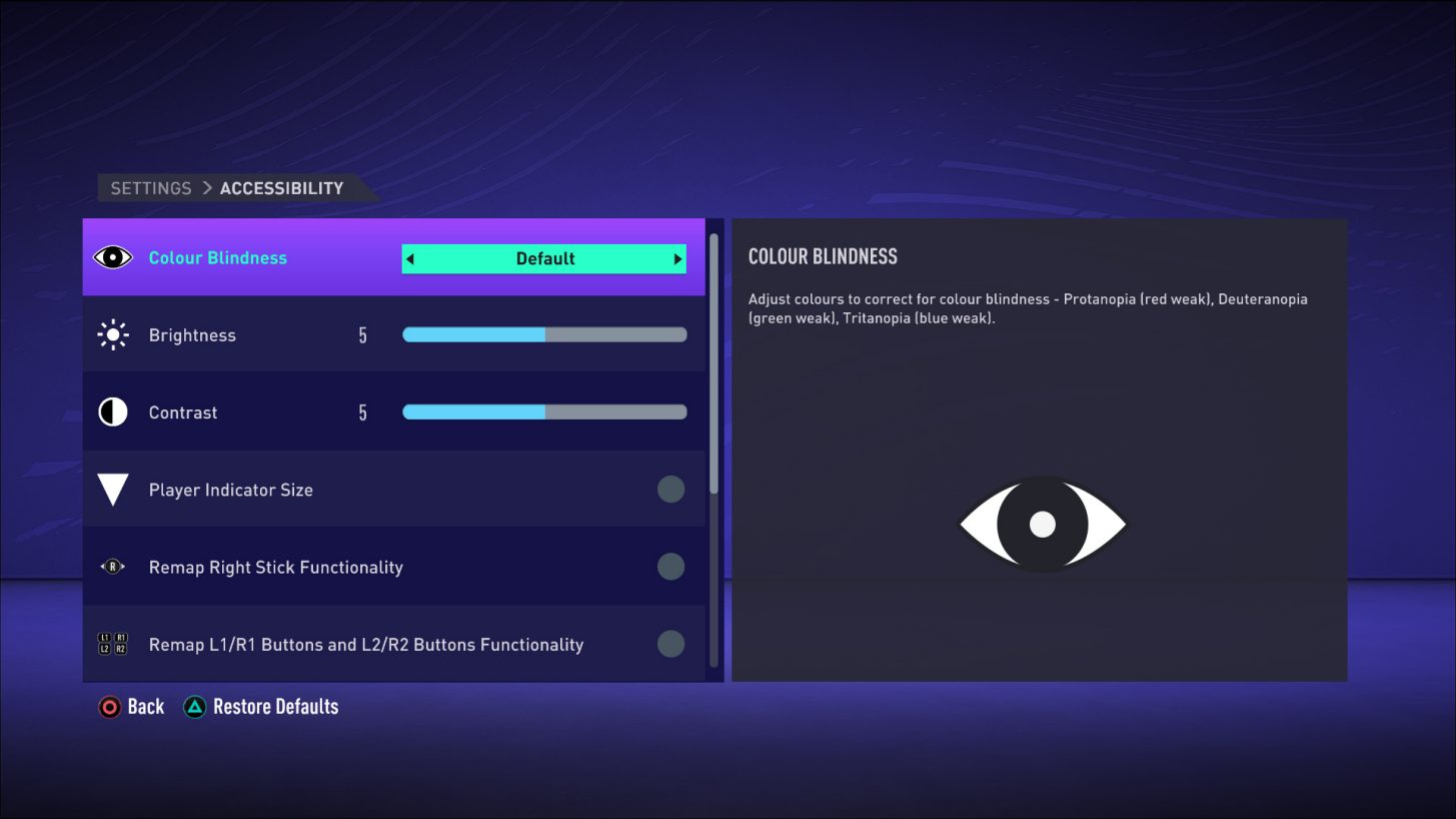 Les réglages d'accessibilité sur FIFA 21