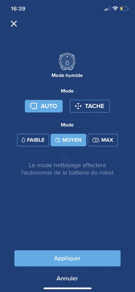 L'app propose deux modes de nettoyage et trois niveaux de puissance d'aspiration // Source : Frandroid / Yazid Amer