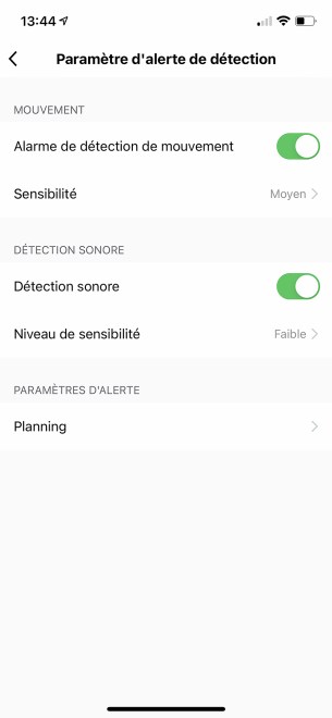 Ce panneau est au final le plus important, mais il est une redite d'Alarme de l'interface de la caméra // Source : Frandroid / Yazid Amer