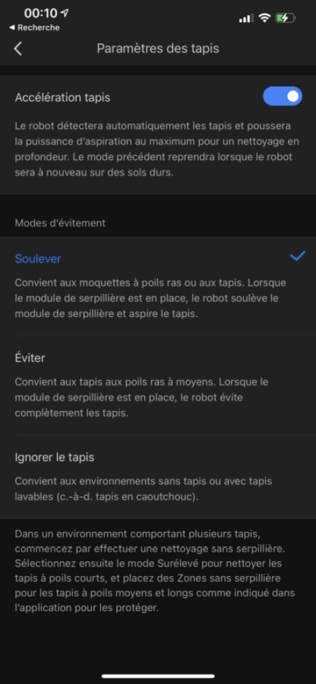 L'app permet de choisir l'action du S7 face aux tapis // Source : Frandroid