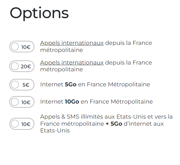 Les options disponibles pour chaque forfaits chez Syma