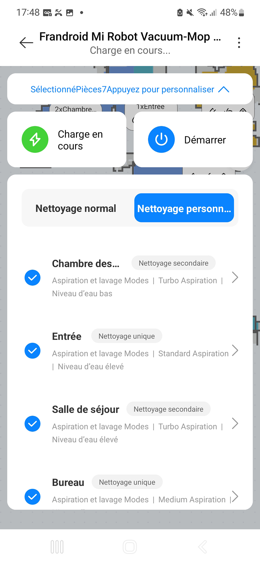 L'onglet Nettoyage personnalisé permet de définir finement le mode de nettoyage pièce par piéce et même leur ordre de passage // Source : Yazid Amer - Frandroid