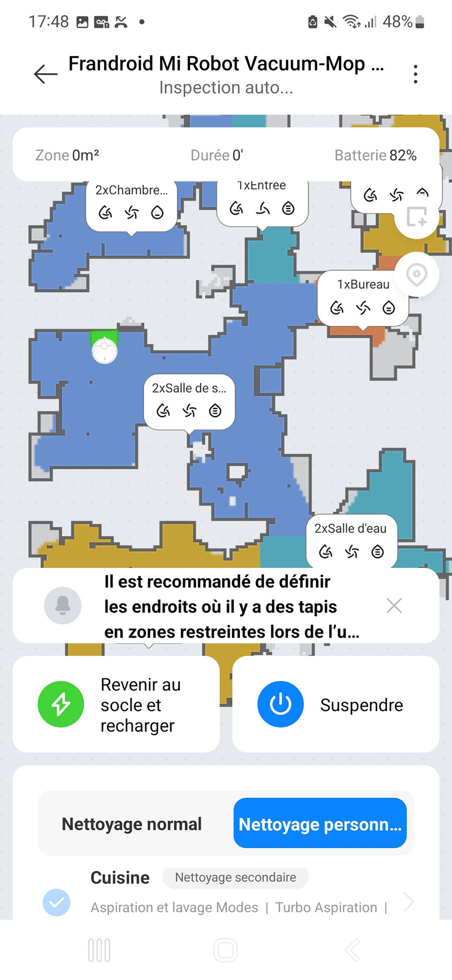 Sur la carte apparaît une cartouche au-dessus de chaque pièce qui résume le traitement du sol qui y sera réalisé // Source : Yazid Amer - Frandroid