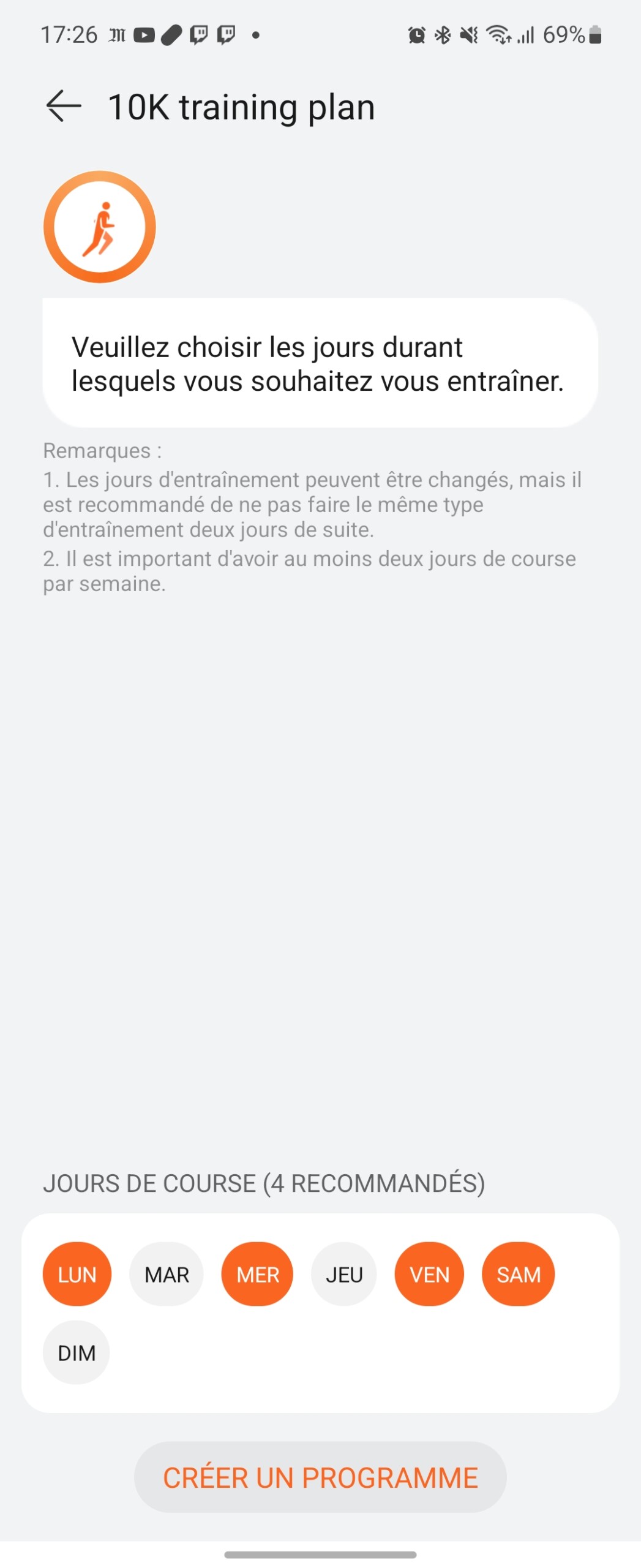 Par défaut, la montre vous incitera à créer un programme régulier. // Source : Frandroid