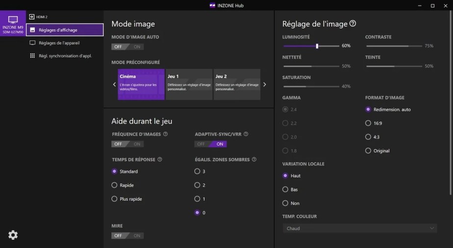 L'interface Inzone Hub est beaucoup plus ergonomique que le menu OSD.