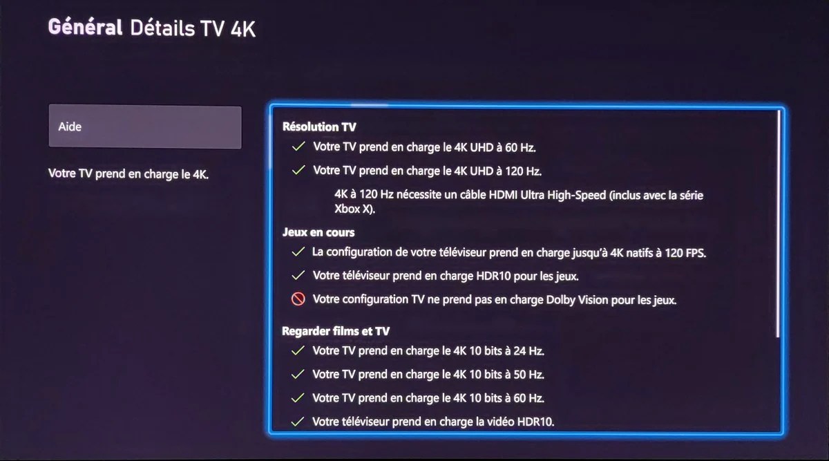 Les détails depuis la Xbox de Microsoft, la fonction Dolby Vision est ici désactivée mais possible.