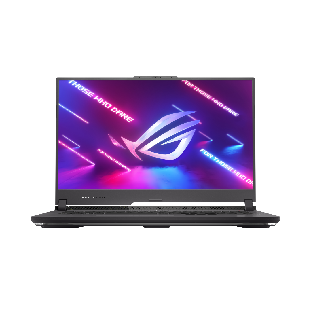 Front angle of the ROG Strix G17 with the ROG Fearless Eye logo visible on screen (Grand)