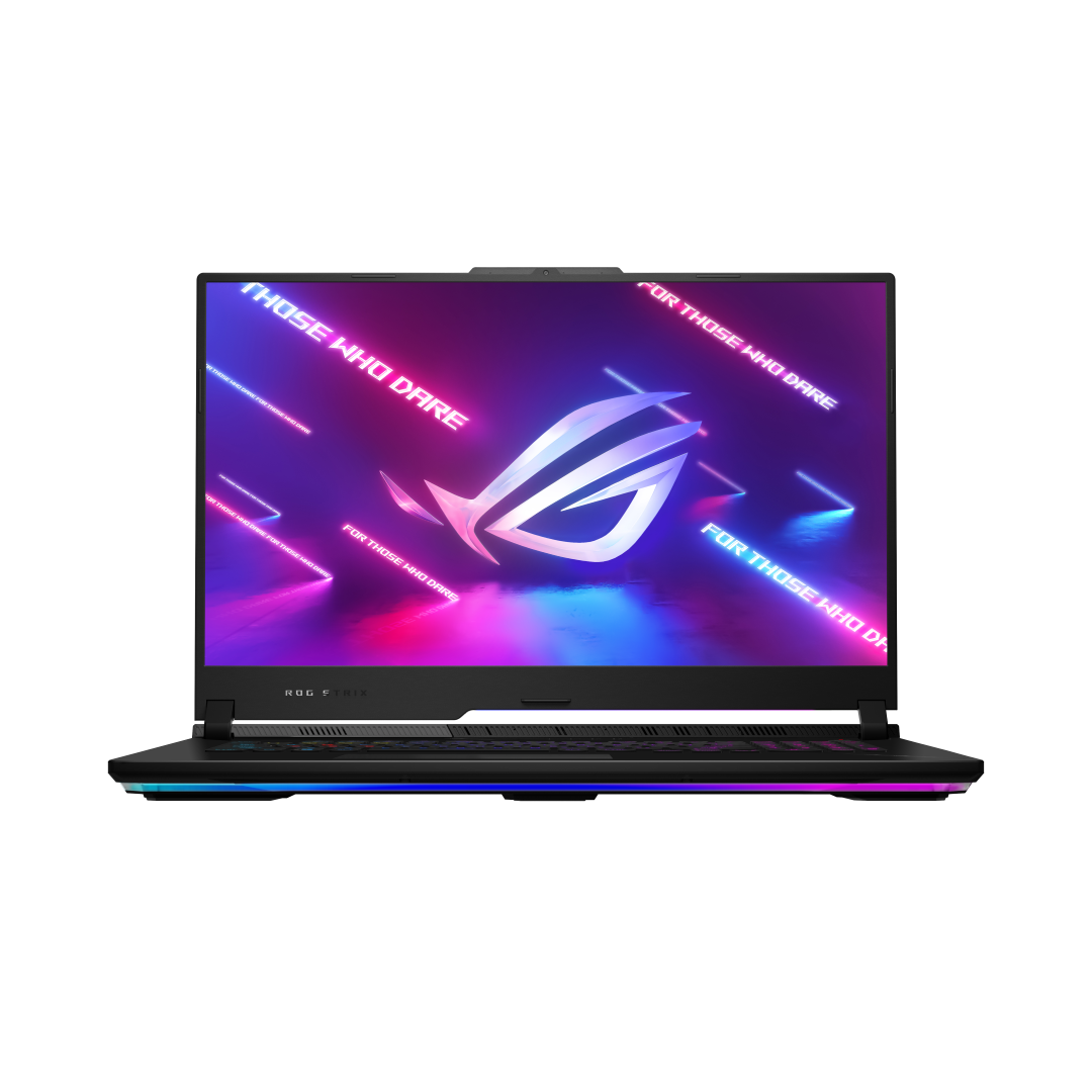 Front angle of the ROG Strix SCAR 17 with the ROG Fearless Eye logo visible on screen (Grand)
