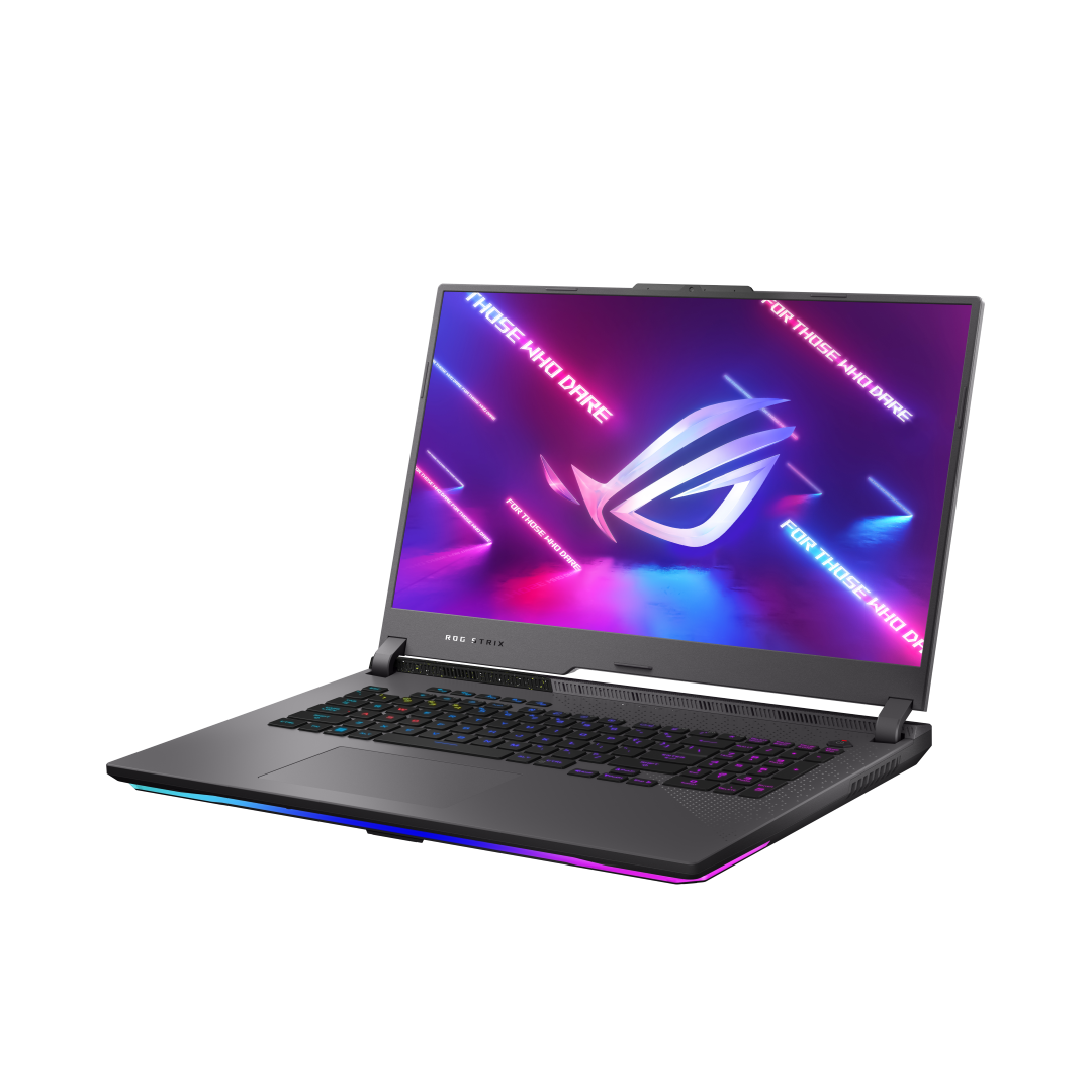 Off centered shot of the front side of the ROG Strix G17 with ROG Fearless Eye logo on screen (Grand)