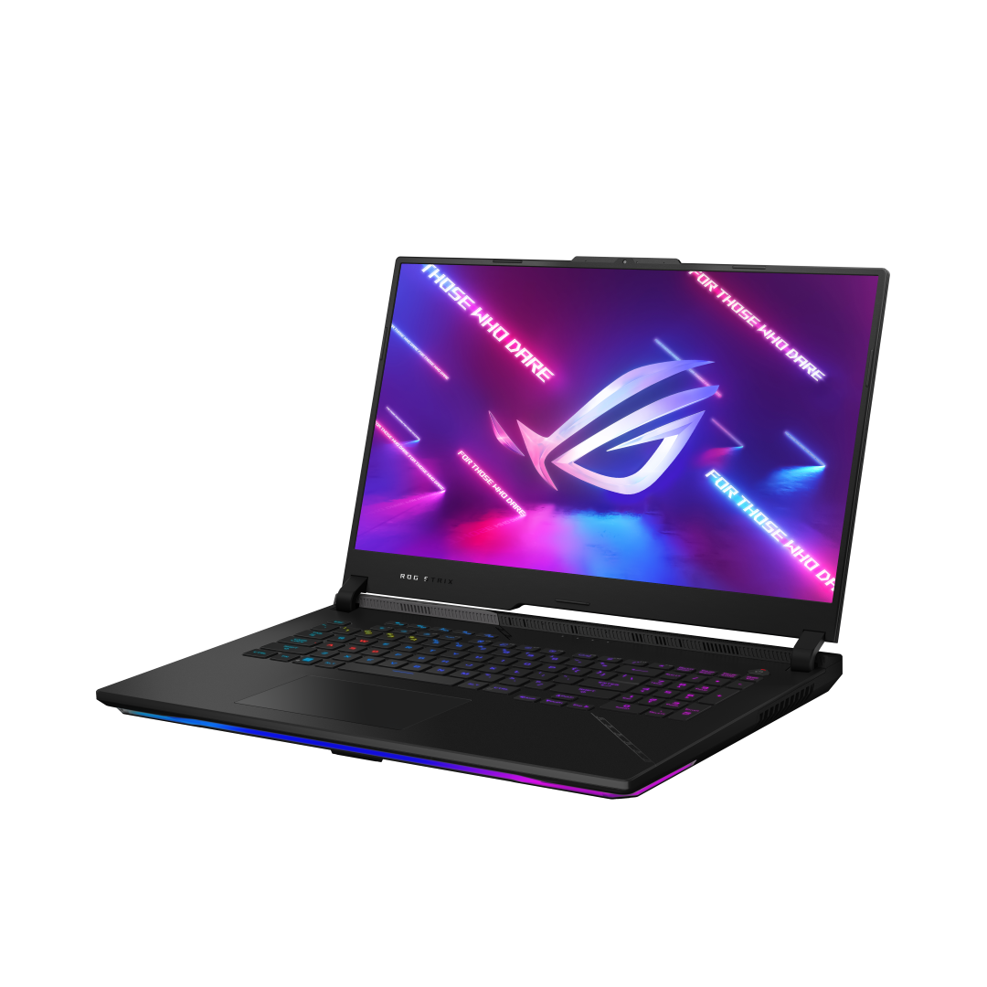 Off centered shot of the front side of the ROG Strix SCAR 17 with ROG Fearless Eye logo on screen (Grand)