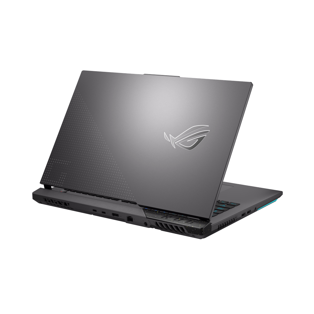 Off centered shot of the rear of the ROG Strix G17 with the ROG Fearless Eye logo on lid (Grand)