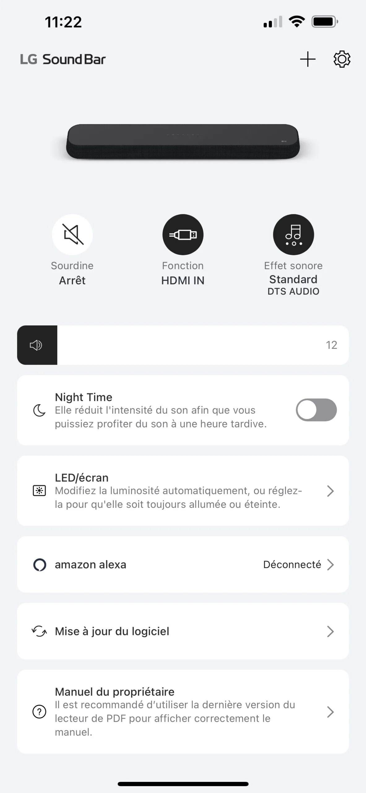 La page d'accueil de l'app LG Sound Bar