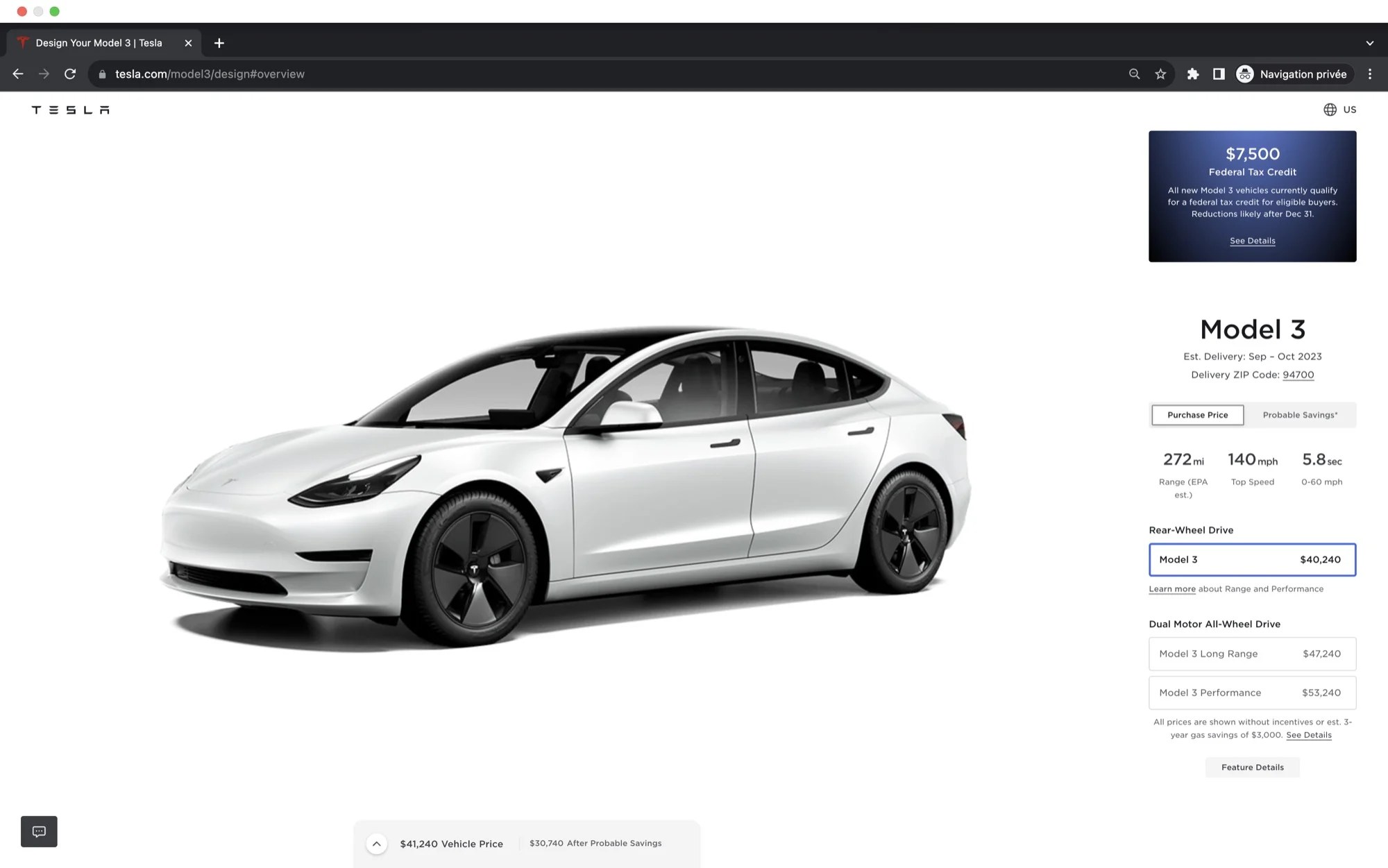 Le configurateur en ligne de la Model 3 en France et aux USA // Source : Tesla