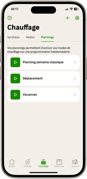 Page Chauffage - Les Plannings - Application Enki