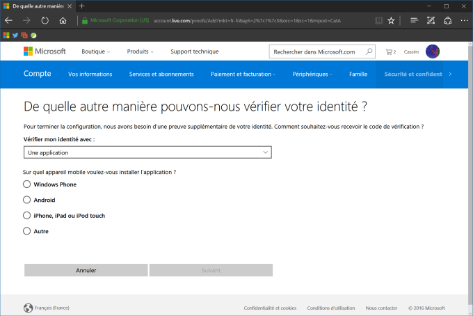 Microsoft paramètre activation en deux étapes