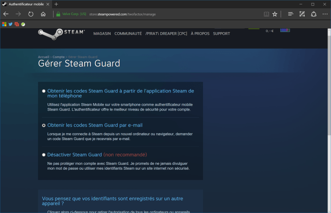 Steam Guardparamètre activation en deux étapes