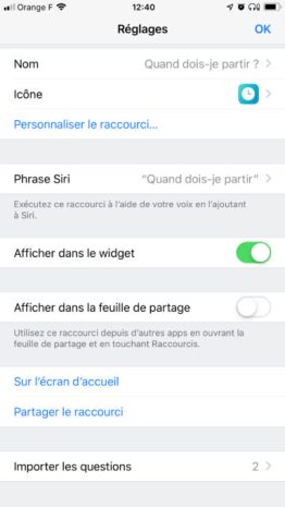 Les réglages de Raccourcis // Source : Capture d'écran Raccourcis