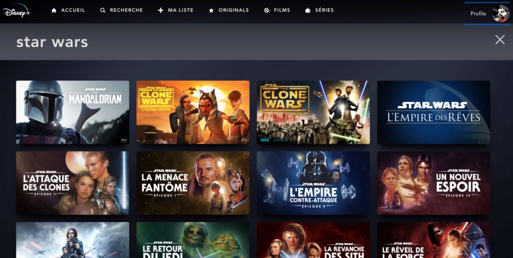 Une recherche "Star Wars" dans Disney+ France // Source : Capture Numerama