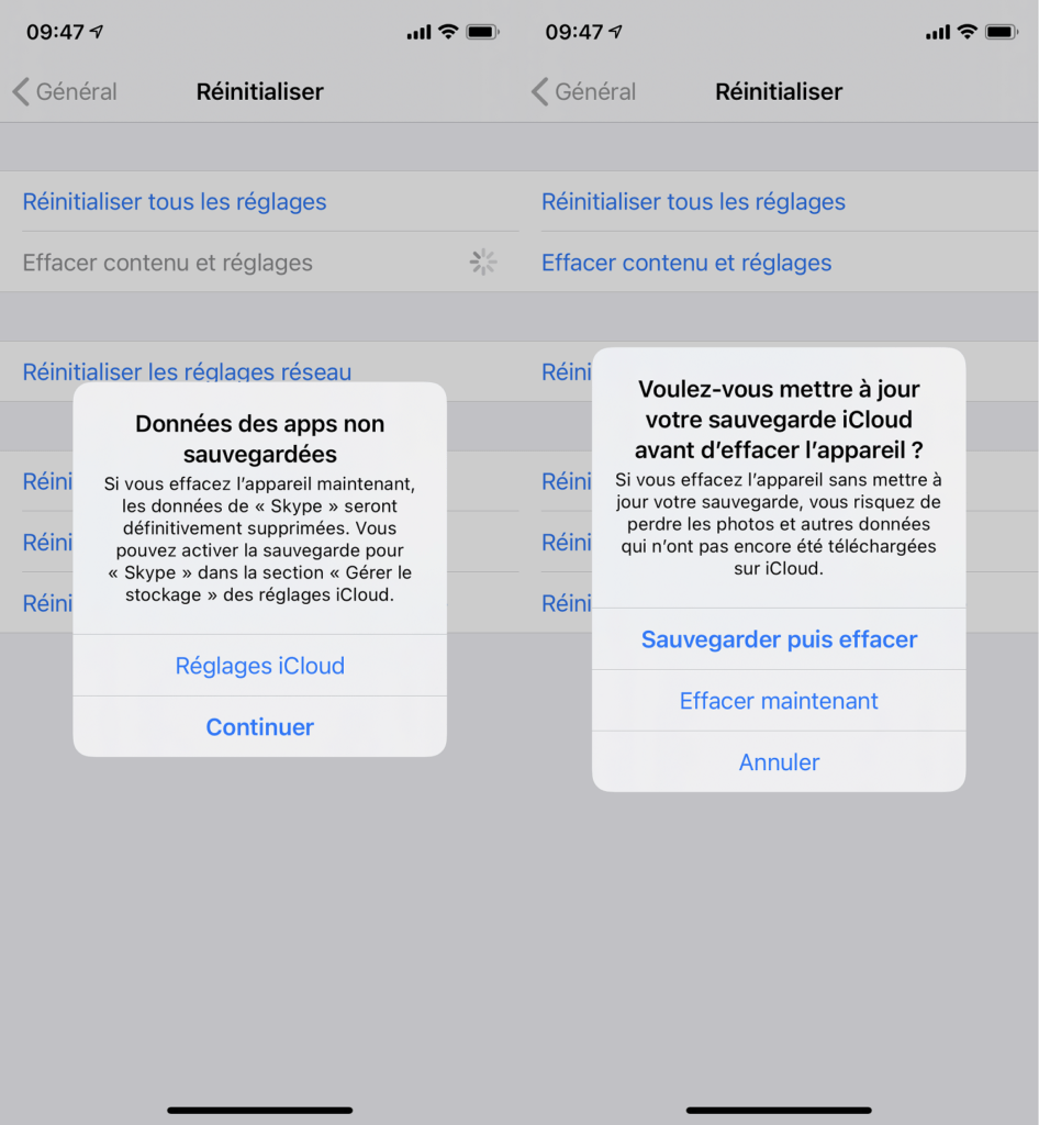 Réinitialisation iOS sauvegarde