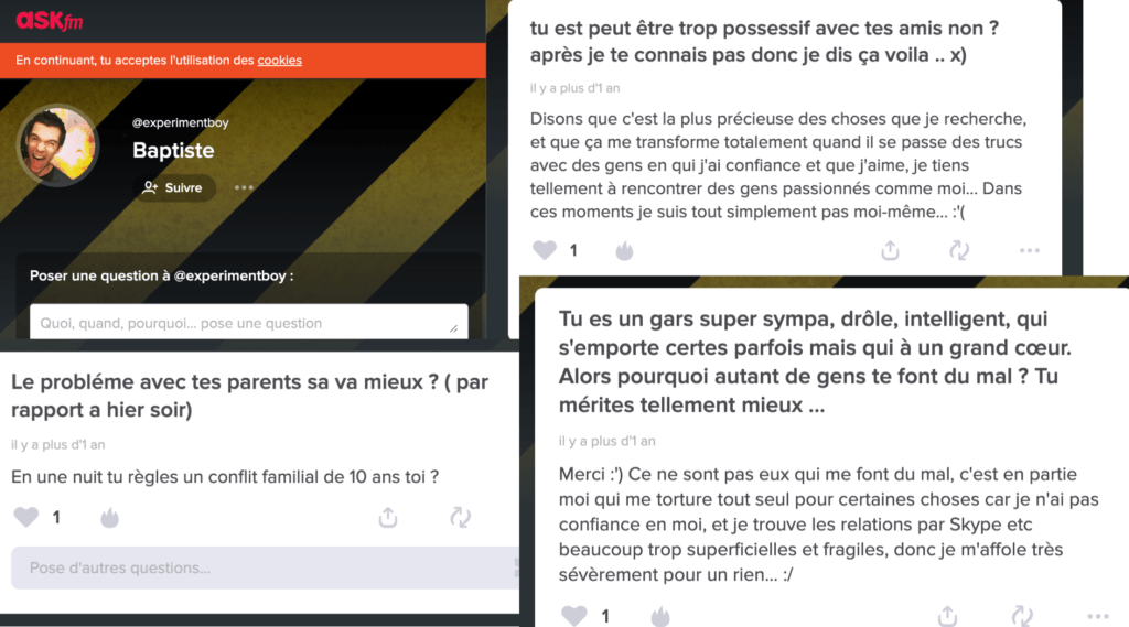 Captures des réponses d'ExperimentBoy sur son Ask.fm