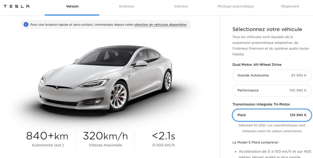 La Tesla Model S Plaid est disponible à 140 000 dollars // Source : Tesla