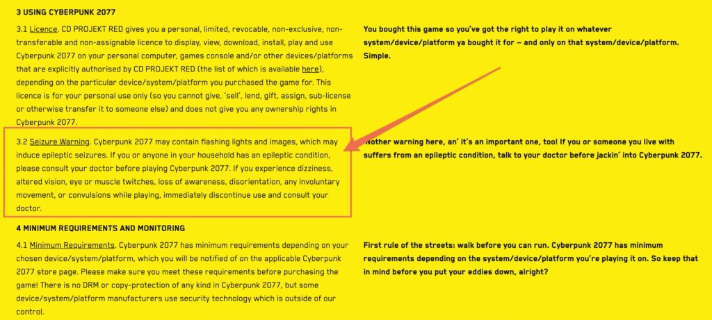Le "licence agreement" de Cyberpunk 2077, que personne ne lit jamais en entier. // Source : Cyberpunk 2077