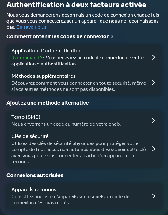 Les trois méthodes de double authentification possibles avec Facebook. // Source : Capture d'écran
