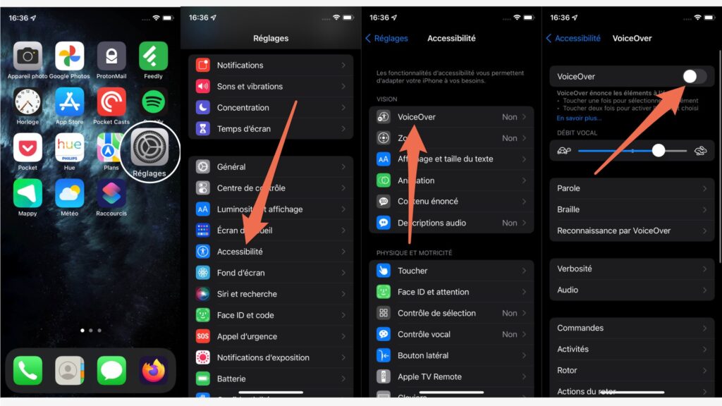 La marche à suivre pour activer VoiceOver sur iPhone // Source : Capture d'écran
