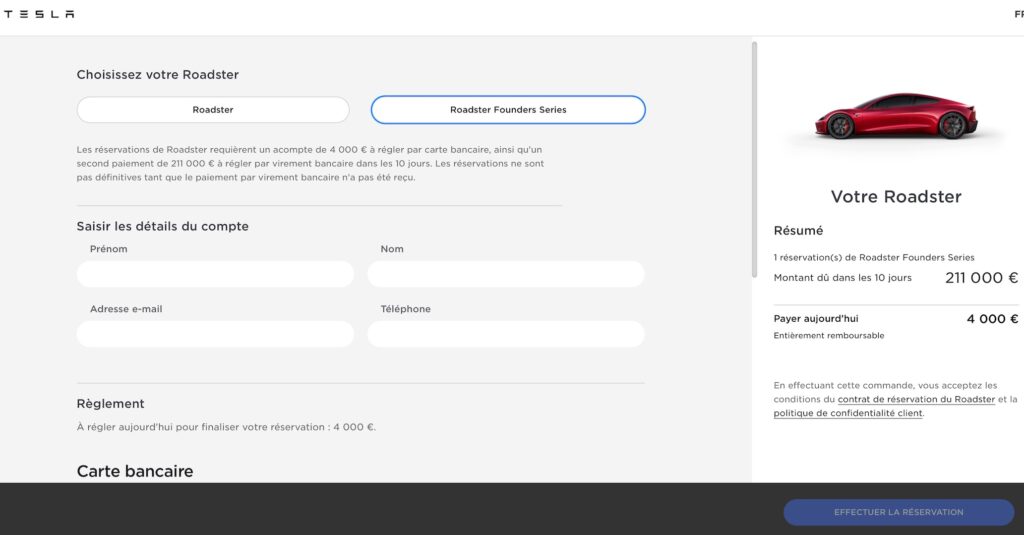 Réservation d'un Tesla Roadster // Source : Tesla