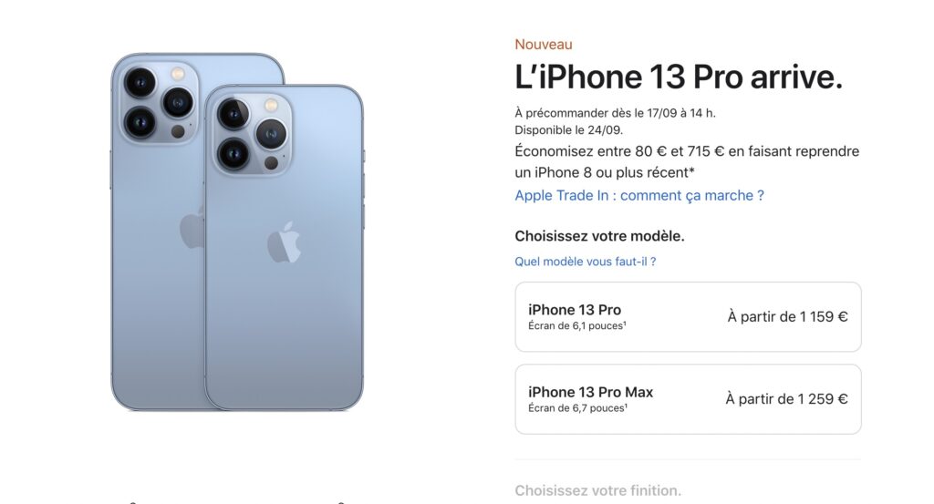 Les prix des iPhone 13 Pro et Pro Max // Source : Apple Store