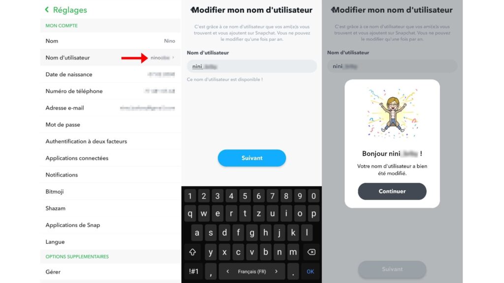 Changer de pseudo sur Snapchat // Source : Capture d'écran