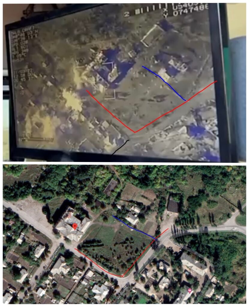 Un membre du Projet fox est parvenu à déterminer l'emplacement précis de la cible affichée sur l'écran du drone militaire. Il se trouve dans la banlieue de Lougansk, contrôlée par les forces armées russes depuis 2014. // Source : BB