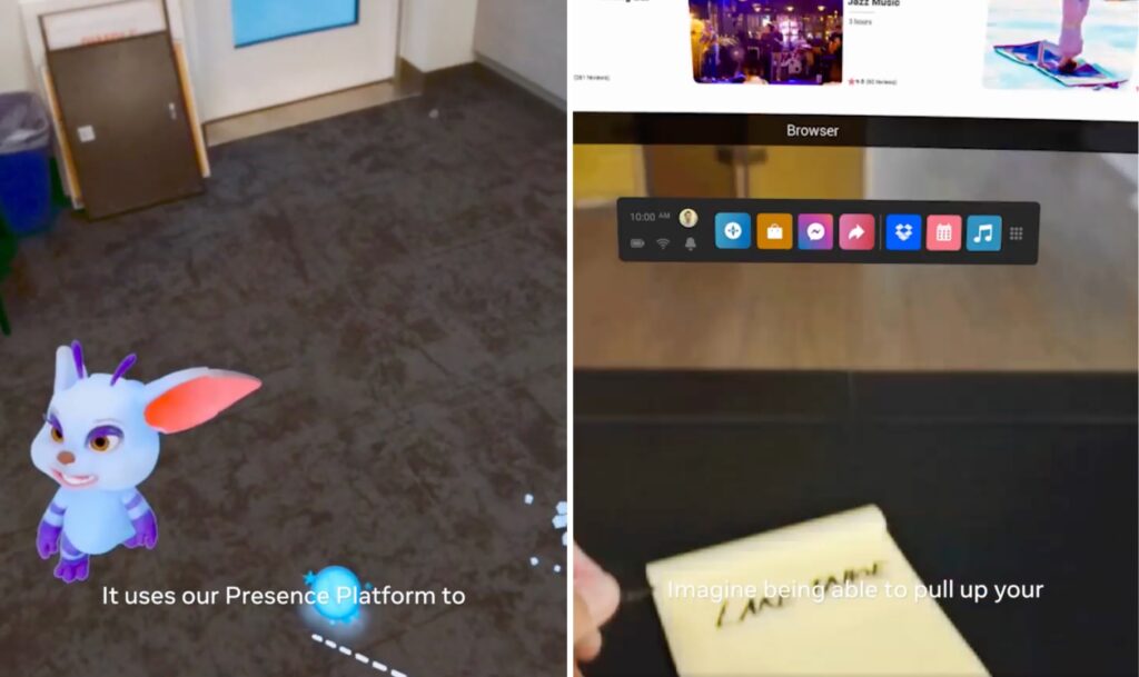 Deux exemples d'utilisation de la réalité mixte. Des caméras répliquent le monde réel ici.  // Source : Meta