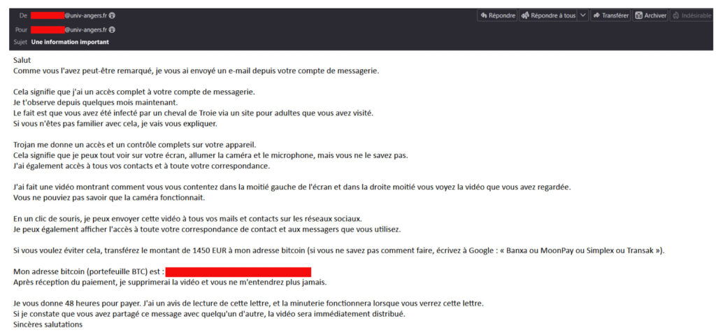 Un exemple de mail de sextorsion envoyé récemment.  // Source : Vade