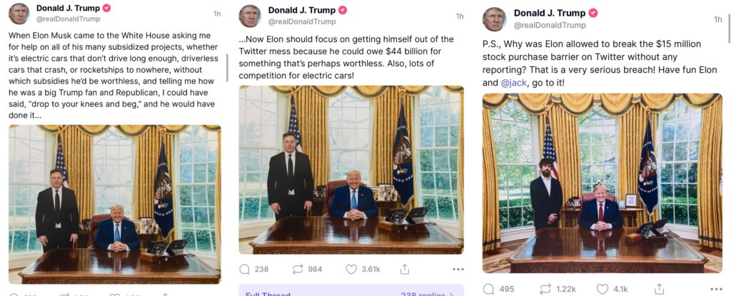 Sur Truth Social, Donald Trump s'est souvent moqué d'Elon Musk.  // Source : Captures Numerama