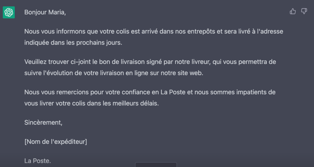 Un mail de réception de colis. // Source : Numerama