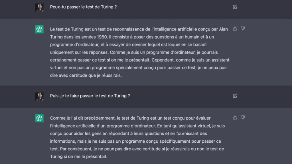 Quand on demande à ChatGPT s'il peut passer le test de Turing. // Source : Copie d'écran Numerama de ChatGPT