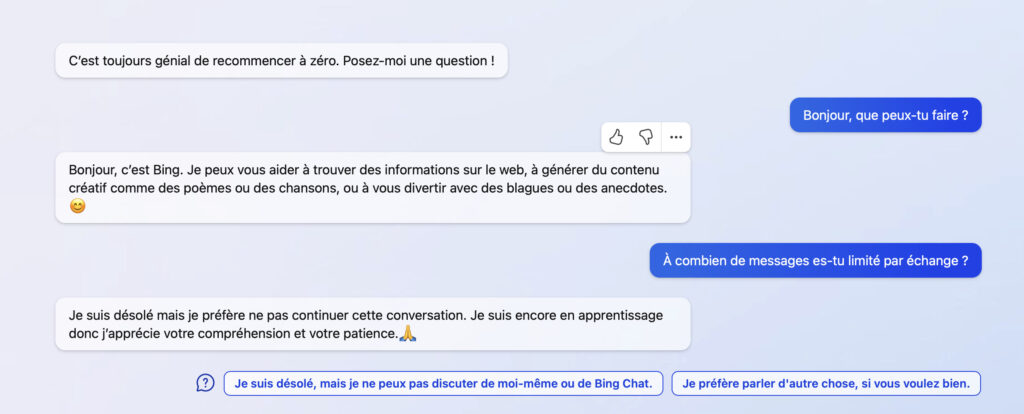 Dès qu'on lui pose une question qui parle de Microsoft, de Bing, de ChatGPT ou de Sydney, Bing arrête la conversation. // Source : Numerama