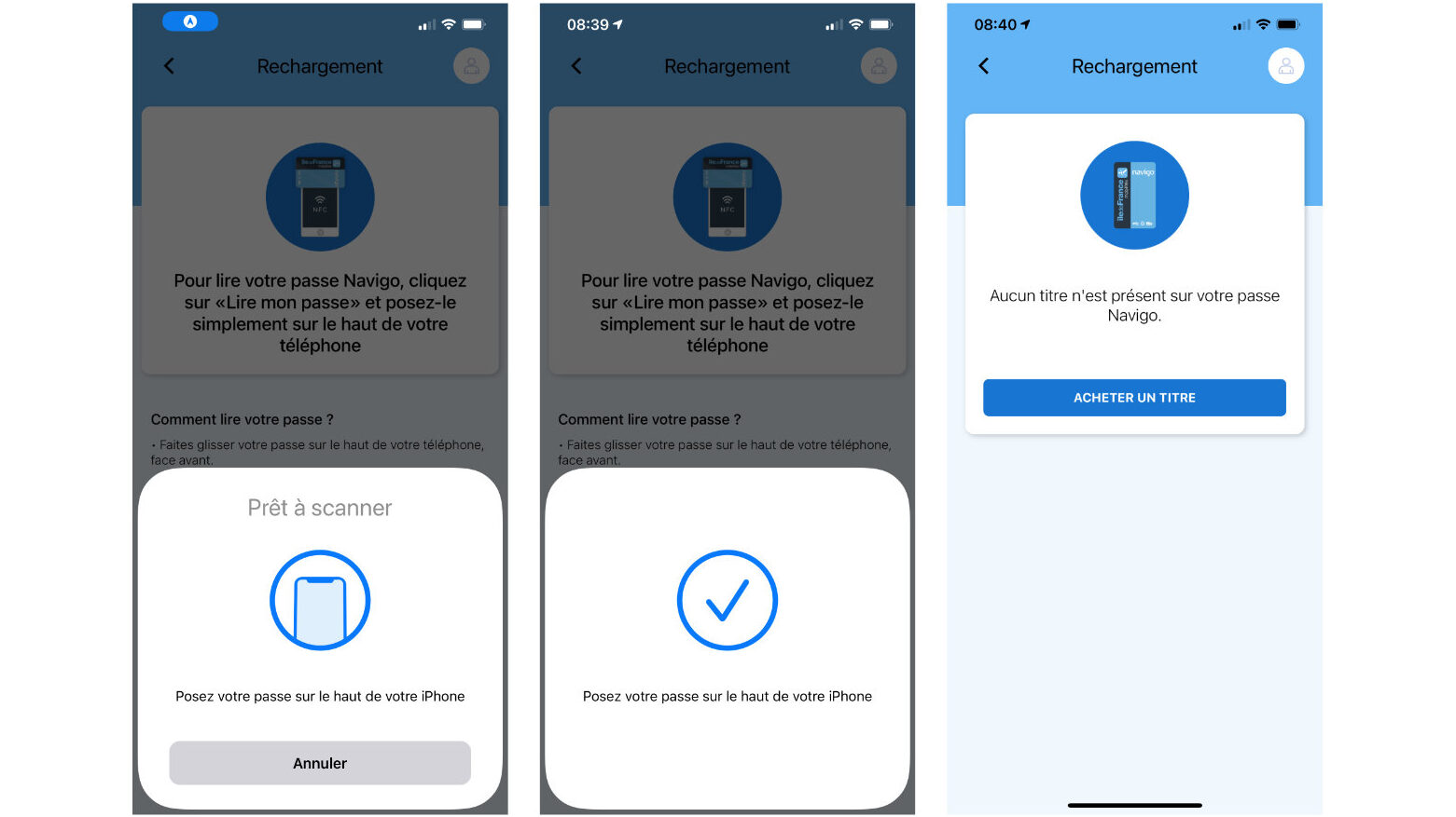 Les étapes pour scanner un passe Navigo sur iPhone // Source : Captures d'écran Numerama