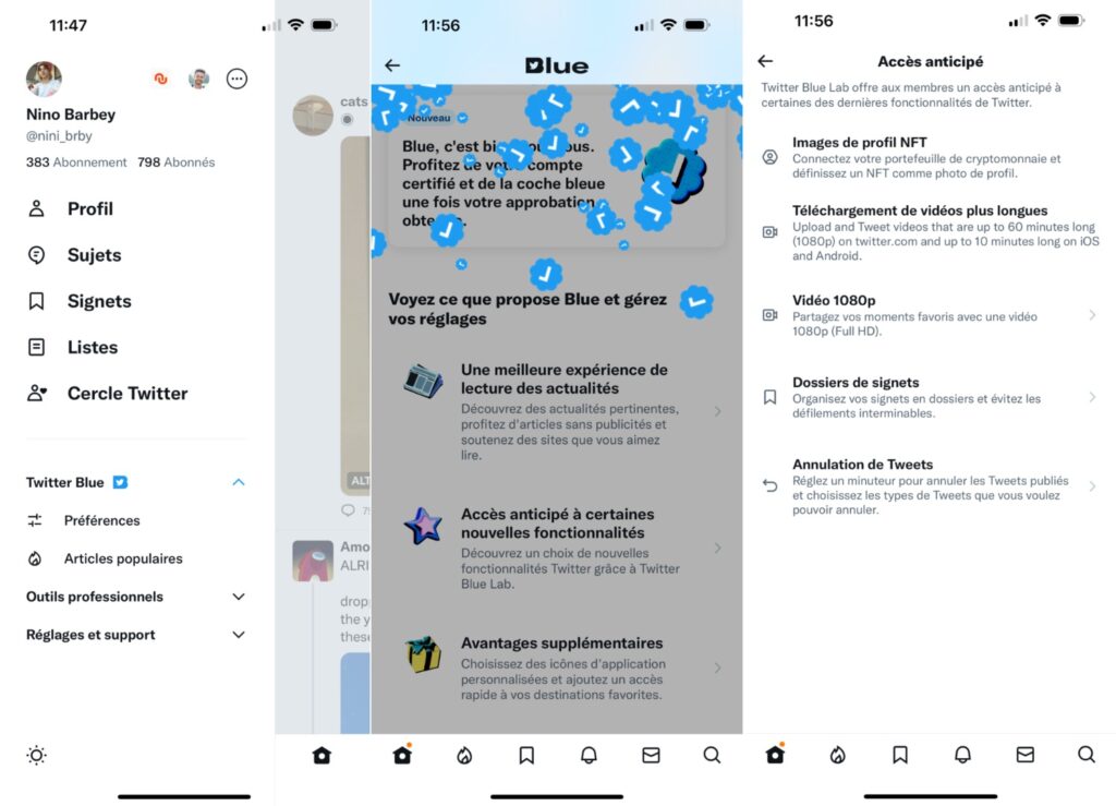 Voilà le menu Twitter Blue, où sont regroupées toutes les nouveautés. // Source : Captures Numerama