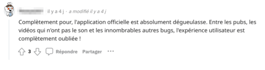 Capture d'écran d'un commentaire 
Source : r/france 