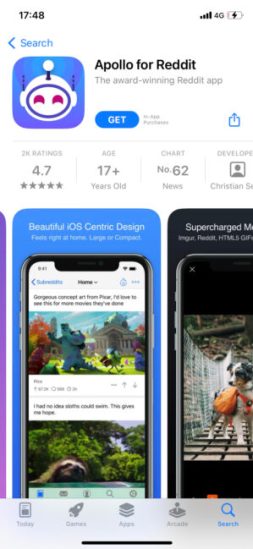 Capture d'écran de l'application Apollo pour Reddit 
Source : NUMERAMA 