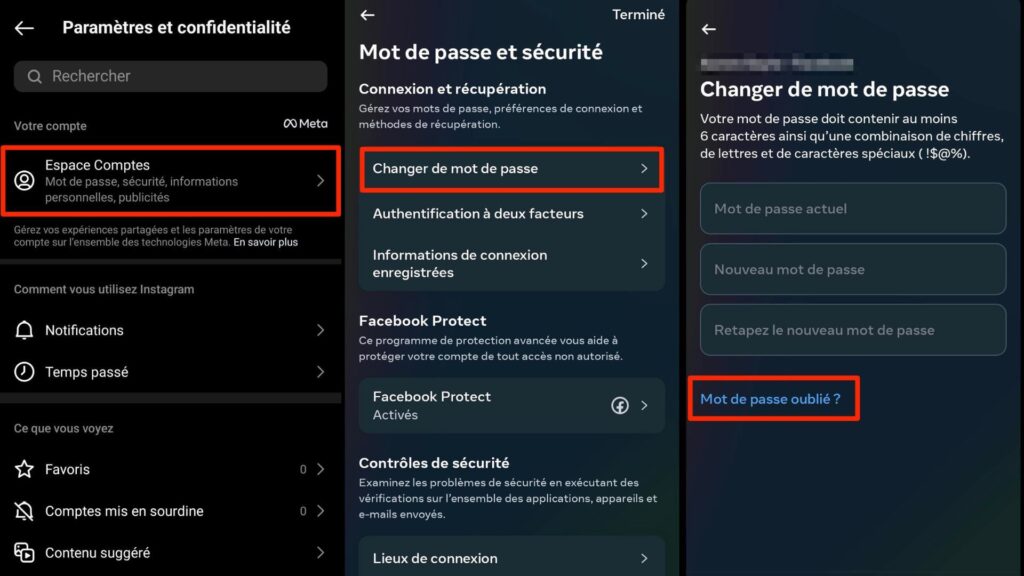 Voilà comment faire pour changer son mot de passe sur Instagram // Source : Capture d'écran Numerama