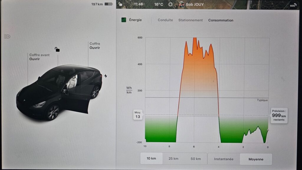 L'application énergie de Tesla affiche l'autonomie restante estimée en fonction des derniers kilomètres // Source : Bob JOUY pour Numerama