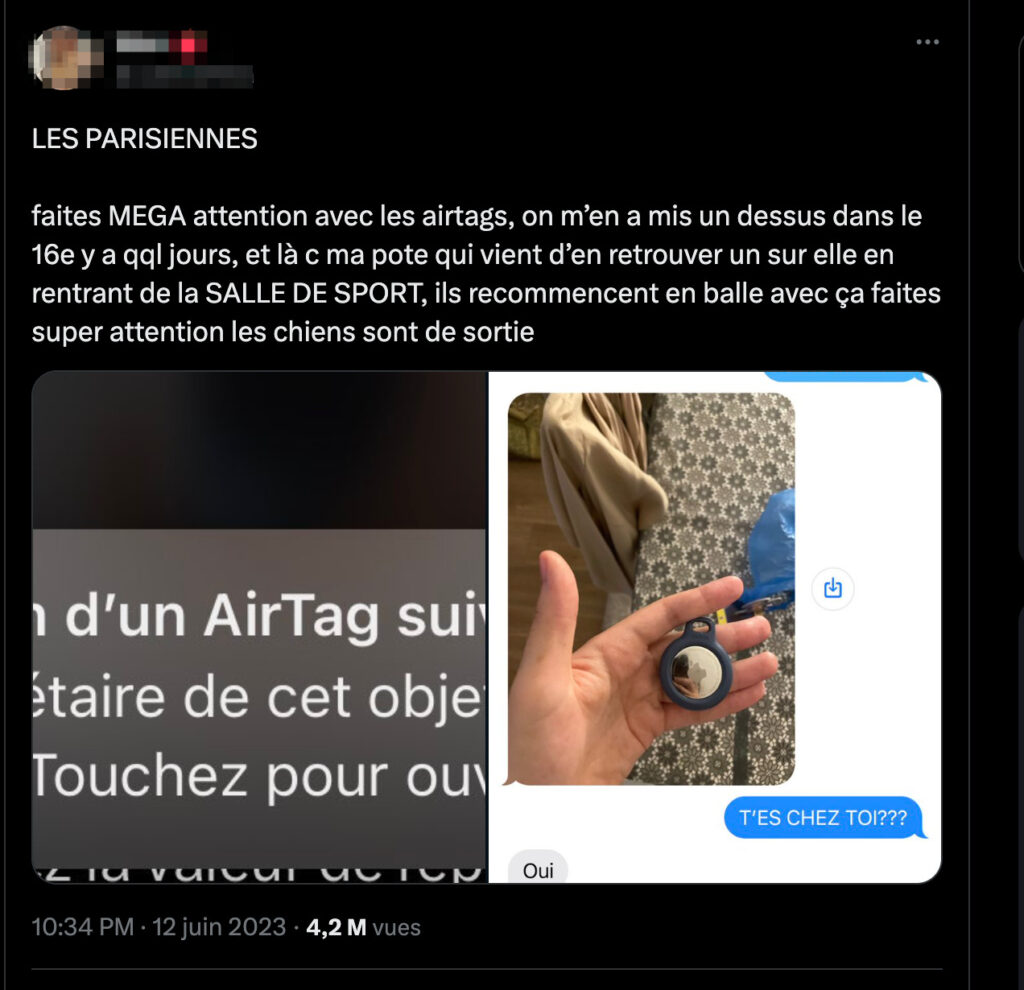 Témoignage d'une femme qui a retrouvé un AirTag dans ses affaires.  // Source : Twitter