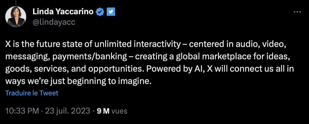 Dans ses tweets, Linda Yaccarino récite des messages marketing, sans aucune information concrète. Les internautes lui ont répondu sèchement.