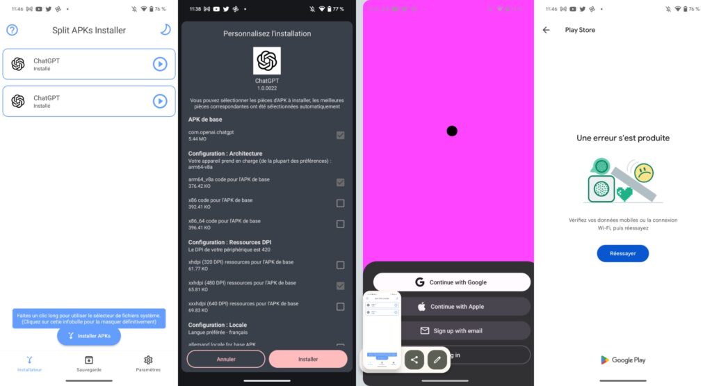 ChatGPT sur Android, de l'installation au lancement, puis à la redirection vers le Play Store.