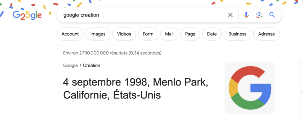 Ironiquement, quand on recherche « Google création » dans Google, le moteur de recherche parle du 4 septembre.